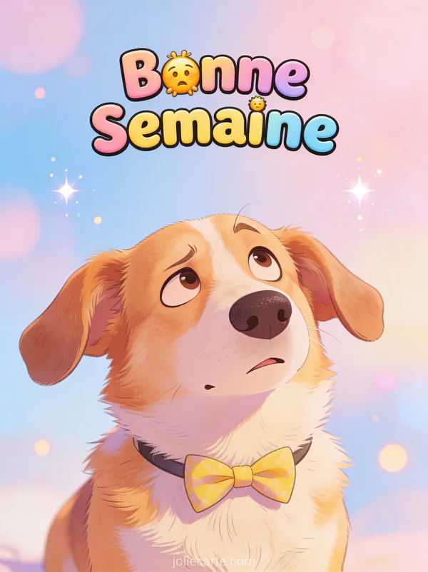 Image Bonne Semaine humour avec corgi portant noeud papillon et expression confuse