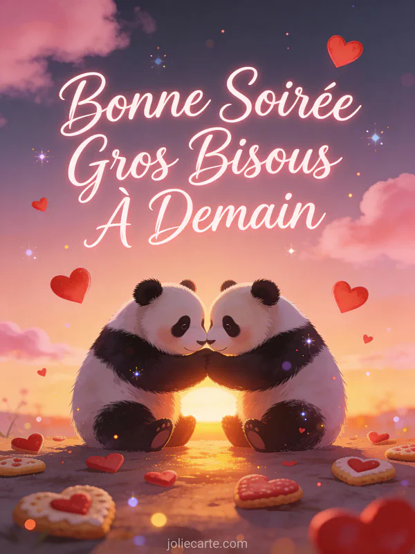 Deux pandas adorables qui se câlinent au coucher du soleil avec des coeurs flottants texte Bonne Soirée Gros Bisous À Demain