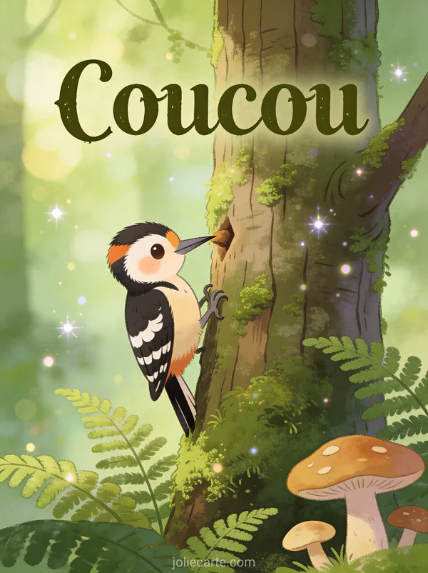 Adorable pic-vert sur un tronc d'arbre dans une forêt paisible avec fougères et champignons avec le texte Coucou