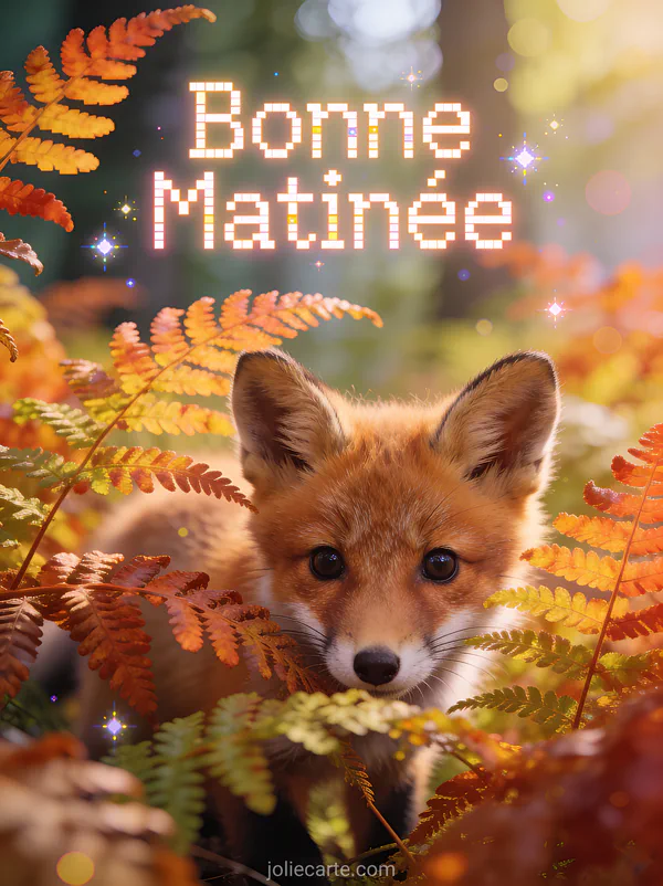 Bébé renard curieux derrière des fougères automnales lumière de forêt enchantée texte Bonne Matinée