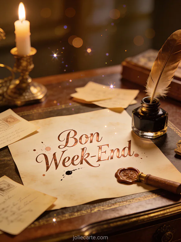 Image citation Bon Week-End avec calligraphie elegante plume d'oie encrier et lettres anciennes a la lueur de bougie