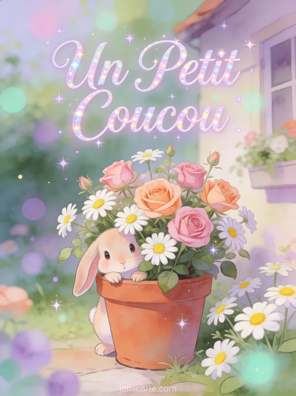 Petit lapin mignon pointant derrière un pot de fleurs dans un jardin de cottage avec roses et le texte Un Petit Coucou
