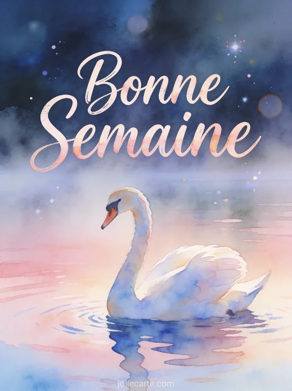 Image de Bonne Semaine aquarelle avec cygne sur lac brumeux au lever du jour