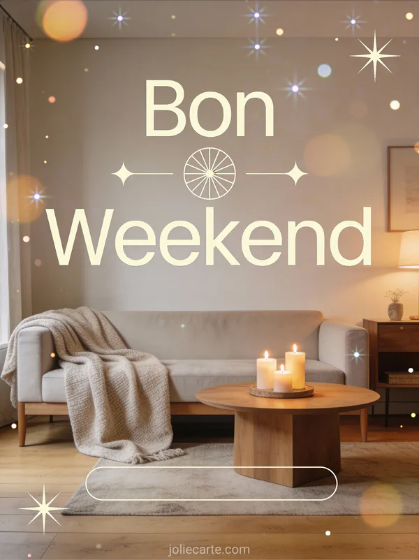 Image citation Bon Weekend style scandinave minimaliste avec salon cosy bougies et couverture en laine ambiance hygge