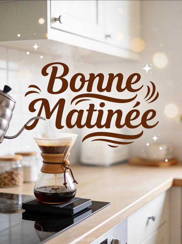 Café pour-over artisanal en préparation vapeur montante cuisine scandinave minimaliste texte Bonne Matinée