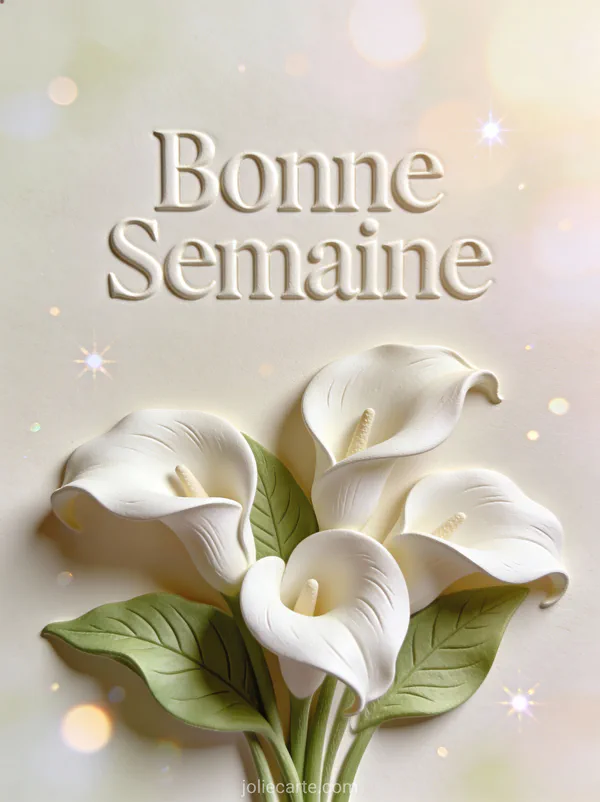 Carte Bonne Semaine avec arums blancs et feuilles vertes elegantes