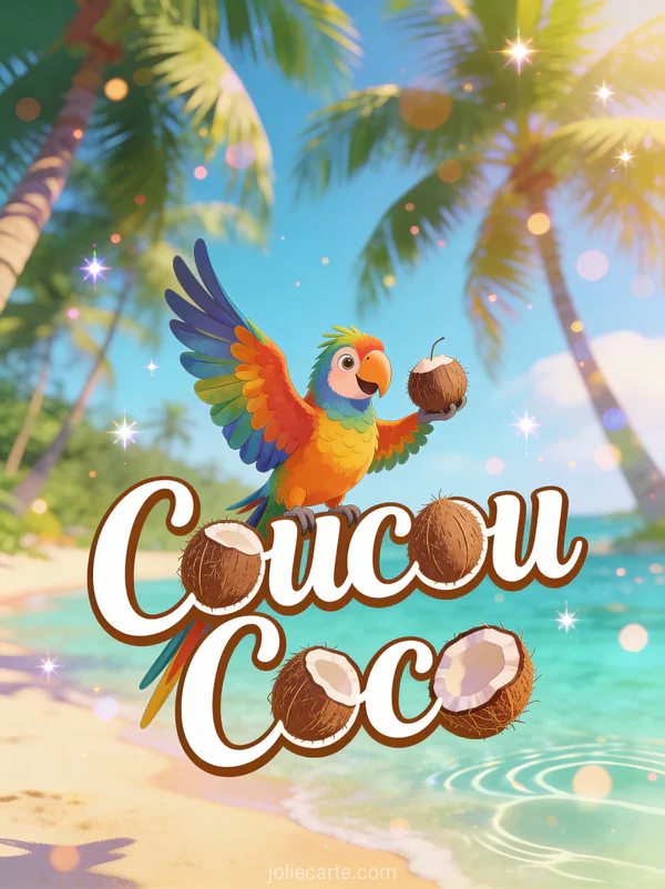 Perroquet coloré tenant une petite noix de coco sur une plage tropicale avec palmiers et le texte Coucou Coco