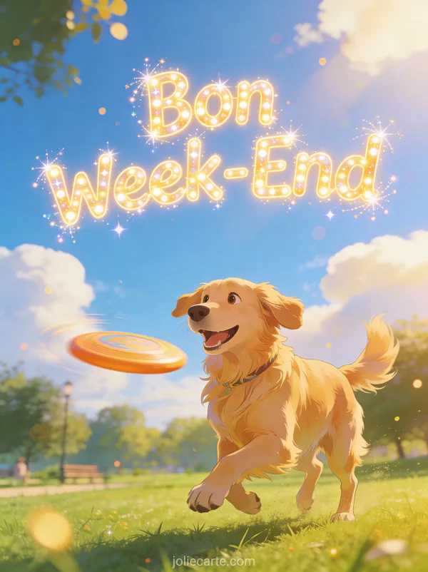 Image gif Bon Week-End avec golden retriever joyeux jouant au frisbee dans un parc ensoleille avec ciel bleu