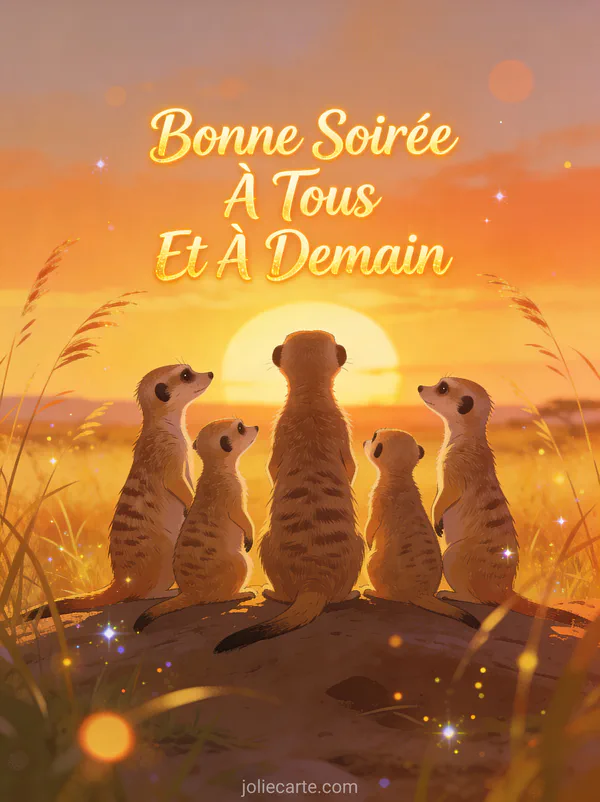 Famille de suricates regardant le coucher de soleil dans la savane dorée texte Bonne Soirée À Tous Et À Demain