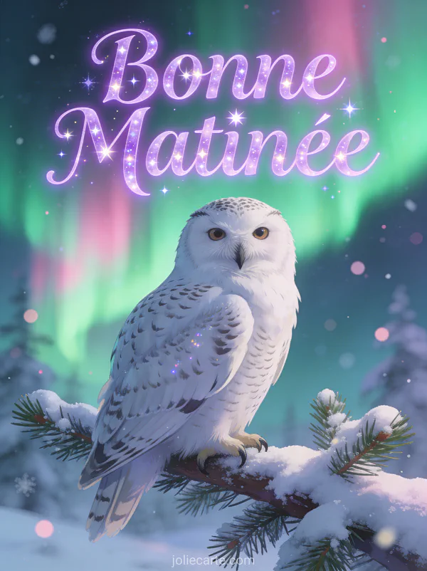 Chouette des neiges sur branche de pin enneigée aurores boréales en arrière-plan texte Bonne Matinée