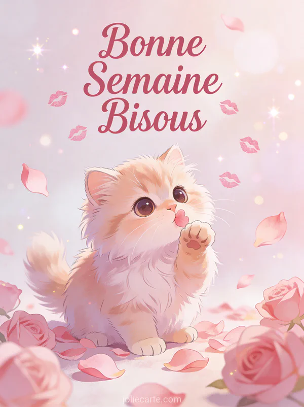 Image Bonne Semaine Bisous avec chaton persan et petales de rose roses