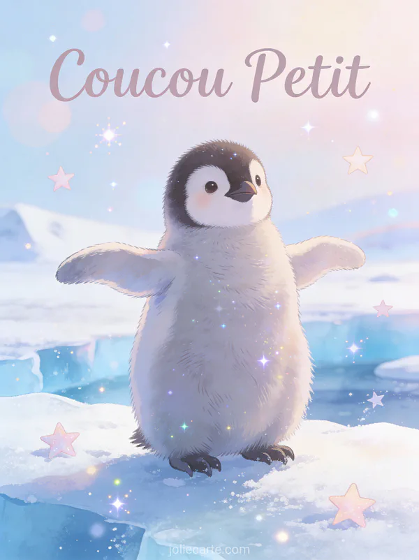 Bébé manchot mignon battant ses petites ailes sur la banquise avec glace bleue et le texte Coucou Petit