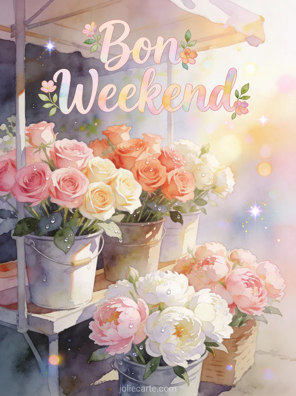 Image Bon Weekend aquarelle pastel avec marche aux fleurs seaux de roses et pivoines dans lumiere matinale