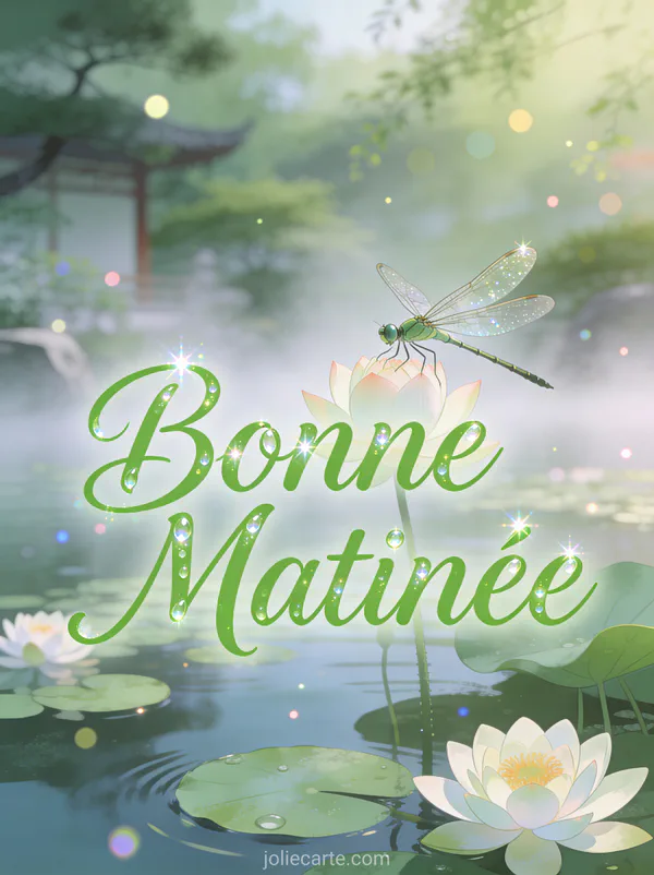 Libellule délicate sur fleur de lotus dans étang paisible nénuphars et brume matinale texte Bonne Matinée