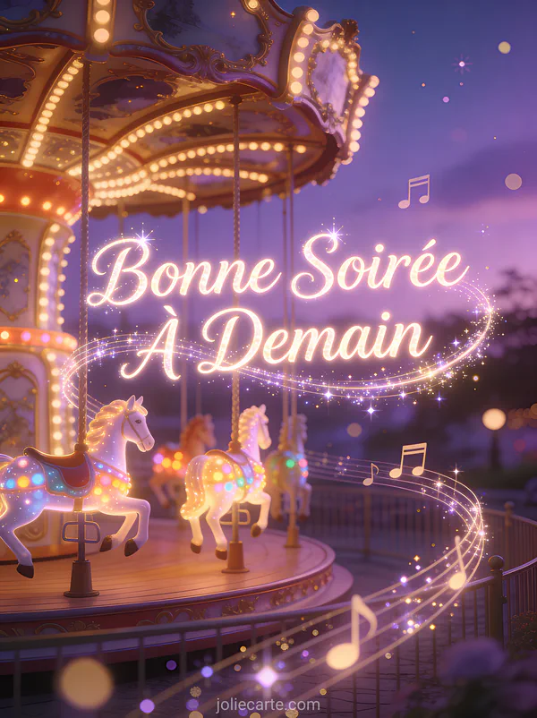 Carrousel magique avec des chevaux lumineux au crépuscule et des notes de musique flottantes texte Bonne Soirée À Demain