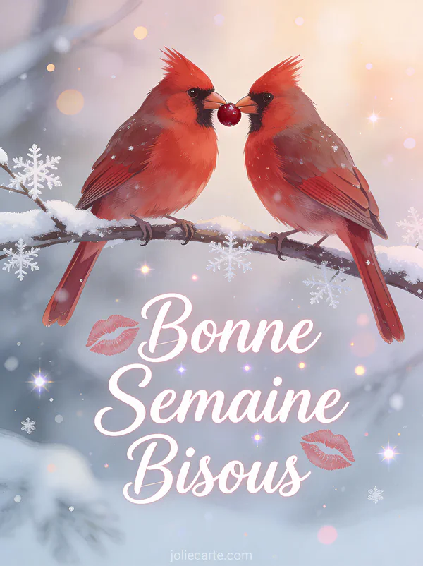 Image Bonne Semaine Bisous avec cardinaux rouges partageant baie sur branche enneigee