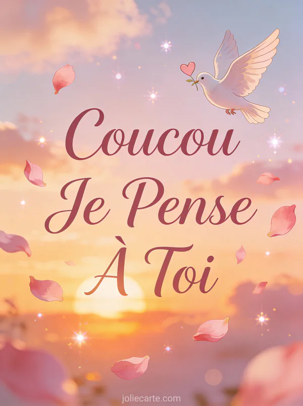 Douce colombe portant un petit coeur au coucher de soleil avec pétales roses et le texte Coucou Je Pense À Toi