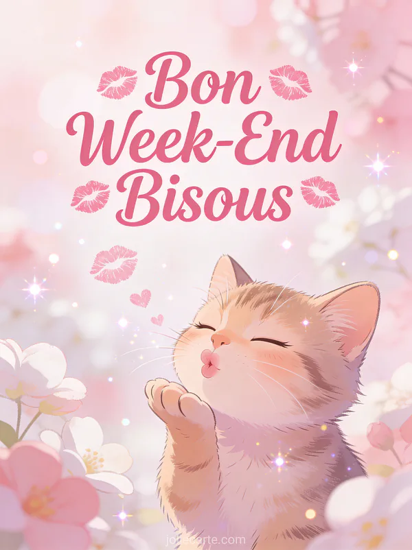 Image Bon Week-End Bisous avec texte rose et chaton mignon envoyant des bisous sur fond floral rose et blanc