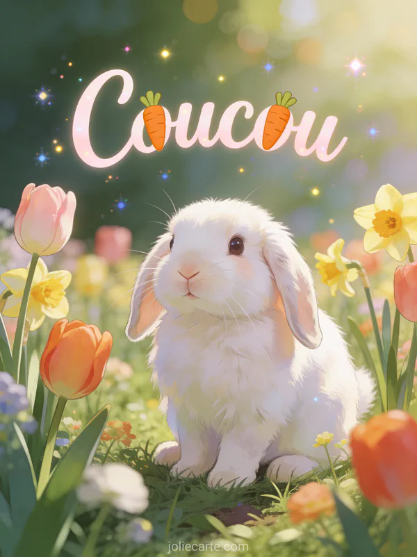 Lapin blanc duveteux aux oreilles tombantes dans un jardin de tulipes et jonquilles avec le texte Coucou