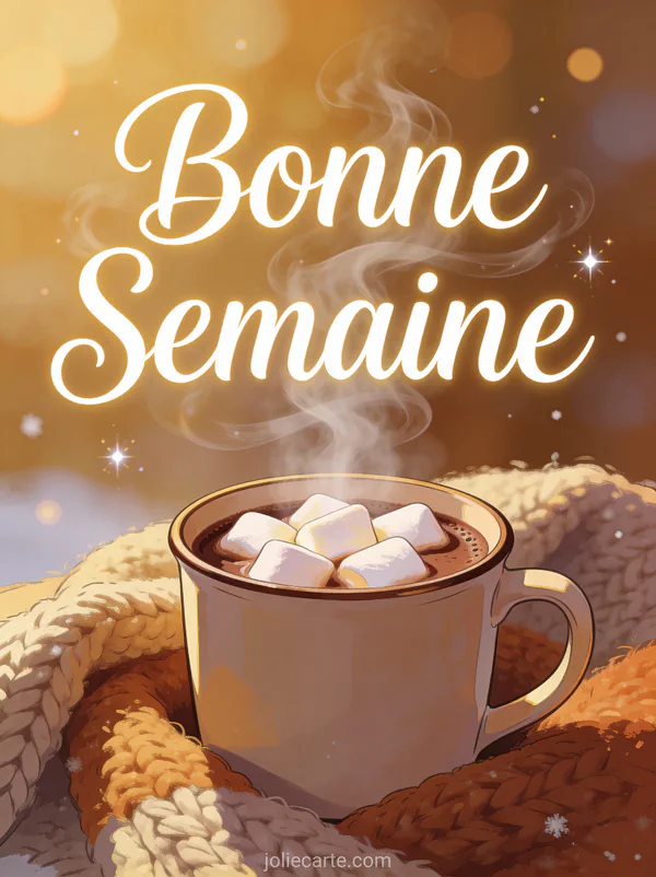 Image Bonne Semaine hivernale avec chocolat chaud et guimauves sur couverture de laine