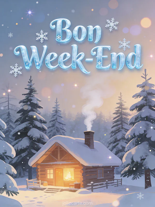 Image Bon Week-End Neige avec texte bleu glace et chalet en bois sous la neige parmi les sapins avec fumee de cheminee