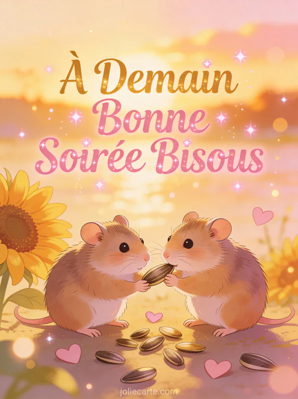 Deux hamsters mignons partageant une graine de tournesol au coucher du soleil avec des coeurs texte À Demain Bonne Soirée Bisous