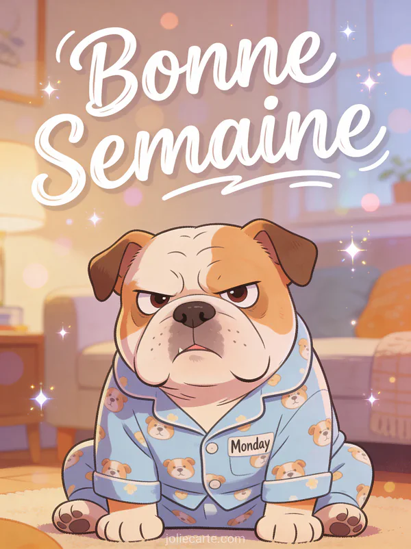 Image Bonne Semaine humour avec bouledogue grognon en pyjama du lundi
