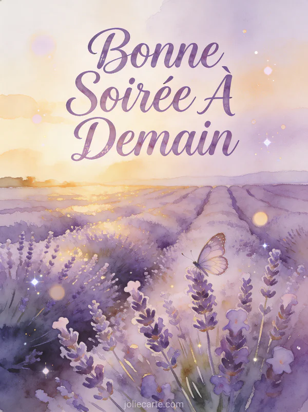 Champ de lavande au soleil couchant avec un papillon et des fleurs violettes à perte de vue texte Bonne Soirée À Demain