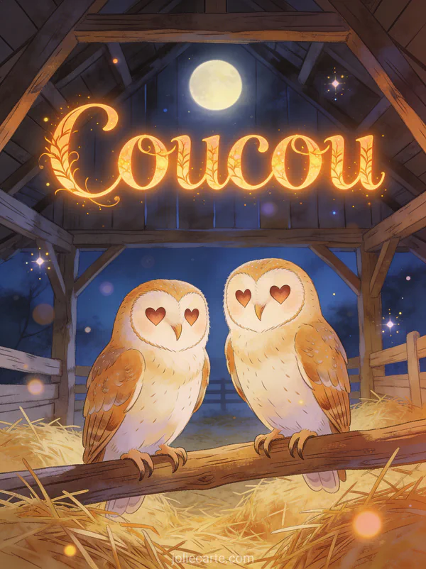 Deux chouettes effraies aux visages en coeur dans une grange au clair de lune avec le texte Coucou