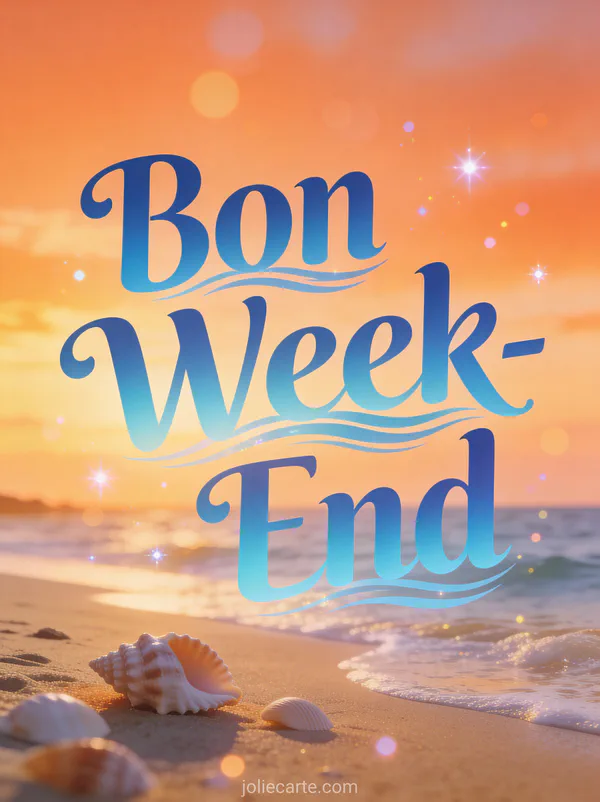 Images Bon Week-End avec texte bleu ocean degrade plage coquillages vagues douces et ciel orange au coucher de soleil