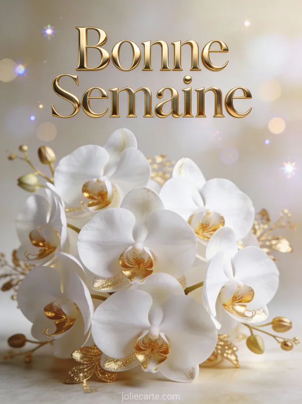 Jolie carte Bonne Semaine avec orchidees blanches et accents dores