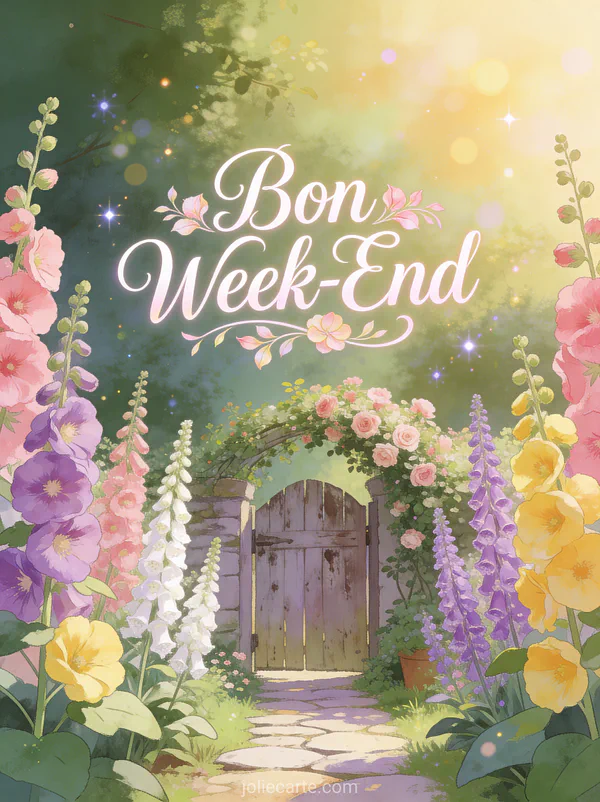Image Bon Week-End Fleurs avec texte romantique jardin de cottage roses tremieres digitales chemin de pierre et portail en bois