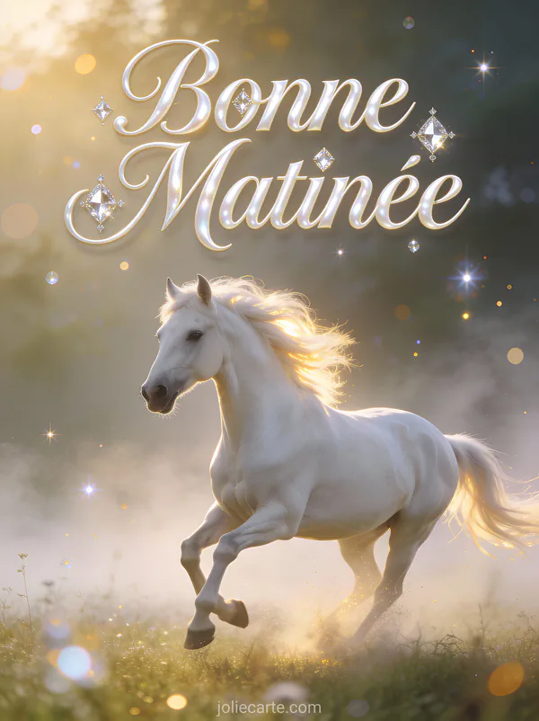 Cheval blanc majestueux galopant dans prairie brumeuse crinière dorée au soleil texte Bonne Matinée