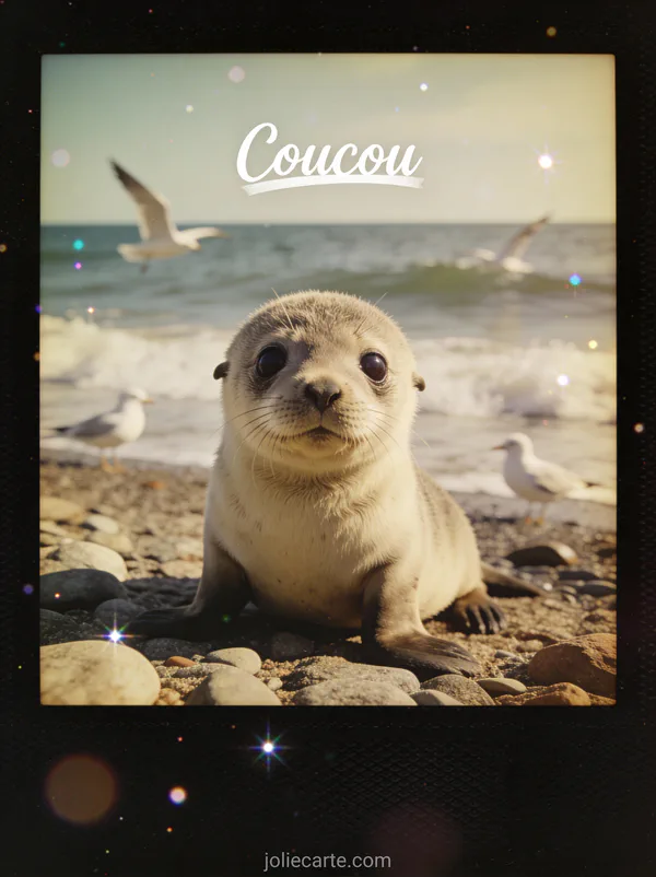 Bébé phoque curieux aux grands yeux sombres sur une plage rocheuse avec vagues et le texte Coucou