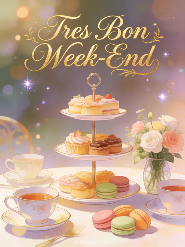 Image Tres Bon Week-End avec texte dore calligraphie service a the elegant presentoir gateaux macarons et porcelaine fine