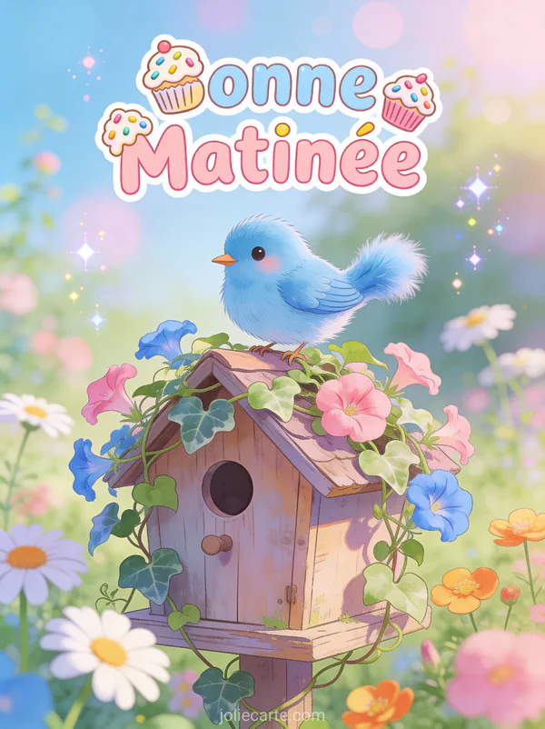 Mésange bleue sur nichoir vintage couvert de volubilis jardin pastel texte Bonne Matinée
