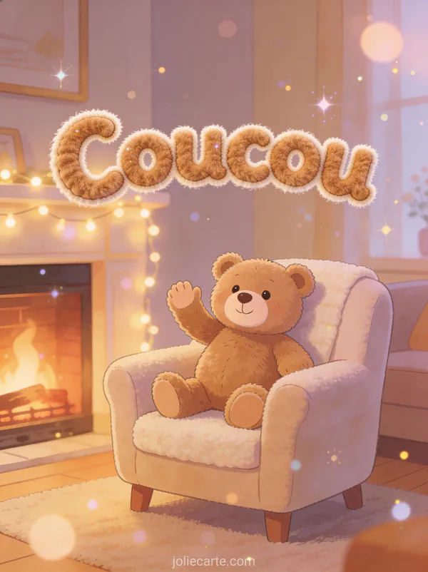 Nounours mignon faisant signe depuis un fauteuil douillet près d'une cheminée avec guirlandes et le texte Coucou