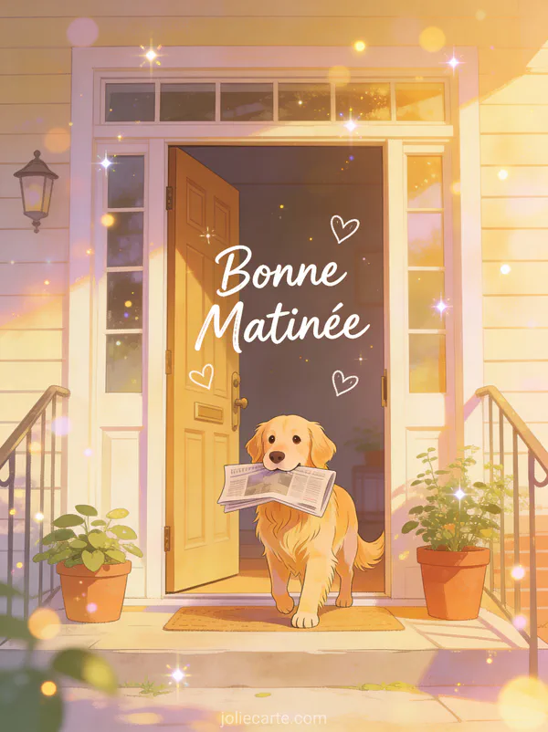 Golden retriever tenant un journal devant la porte avec plantes en pot texte Bonne Matinée