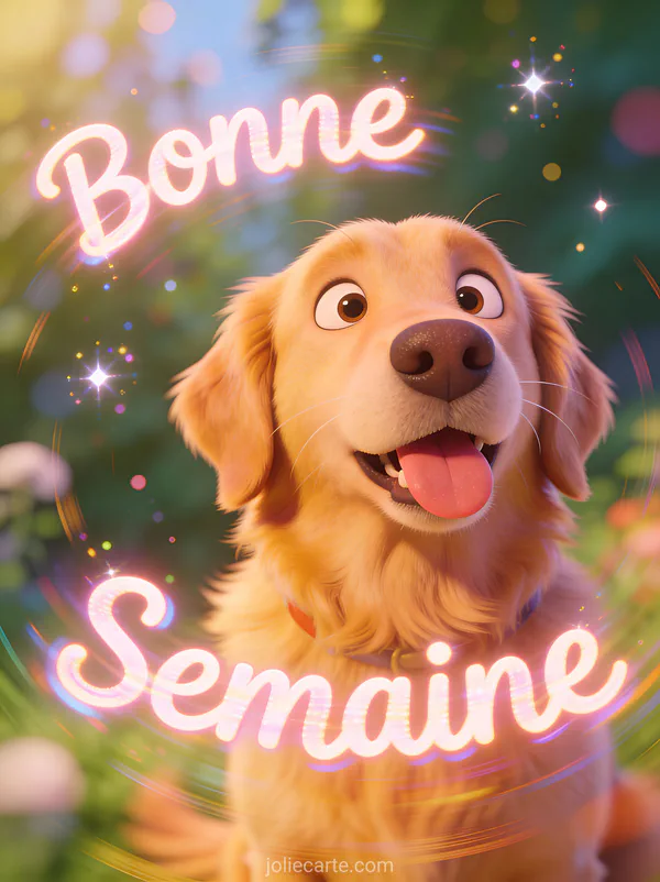 GIF Bonne Semaine humour avec golden retriever faisant une grimace drole