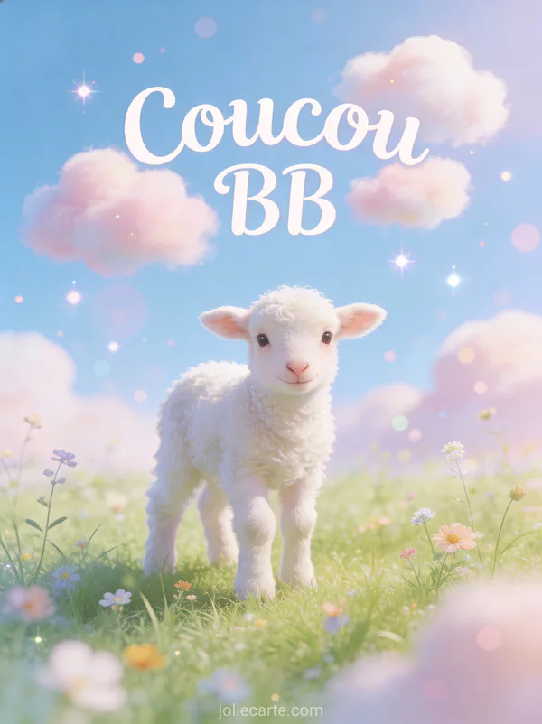 Petit agneau blanc duveteux dans une prairie sous un ciel de nuages pastels avec le texte Coucou BB