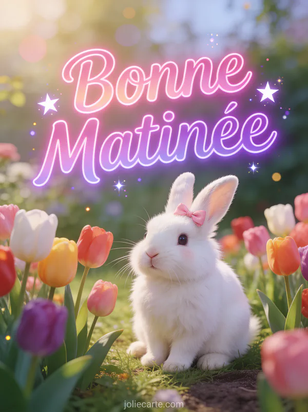 Lapin blanc duveteux avec noeud rose parmi les tulipes jardin printanier texte Bonne Matinée