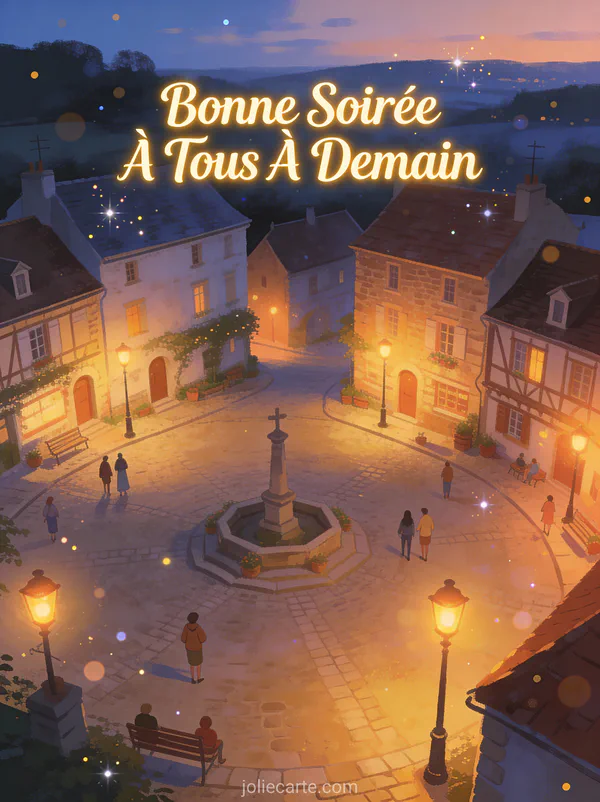Place de village au crépuscule avec des lampadaires lumineux et des bâtiments en pierre texte Bonne Soirée À Tous À Demain