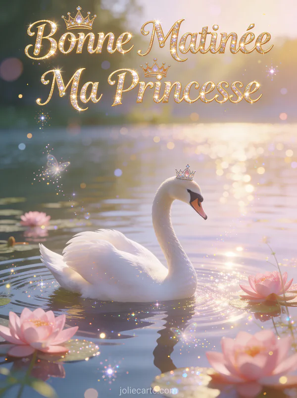 Cygne blanc majestueux avec diadème sur lac scintillant nénuphars roses poussière de fée texte Bonne Matinée Ma Princesse