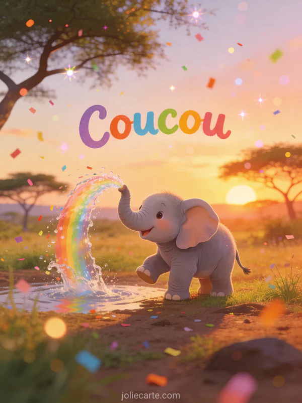 Éléphanteau joyeux aspergeant de l'eau avec sa trompe dans la savane africaine avec le texte Coucou