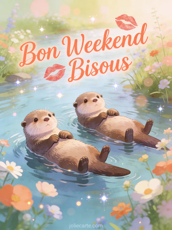 Image Bon Weekend Bisous avec texte corail couple de loutres se tenant la patte flottant sur riviere paisible parmi les fleurs