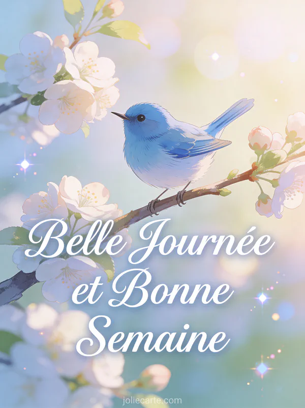 Image Belle Journee et Bonne Semaine avec merle bleu sur branche fleurie de printemps