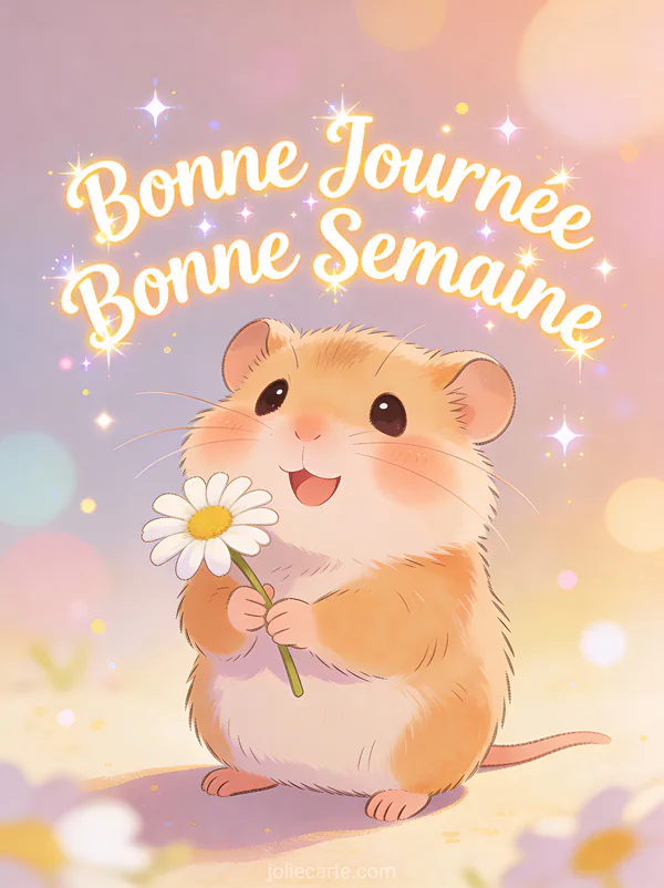 Image Bonne Journee Bonne Semaine avec hamster tenant une petite marguerite