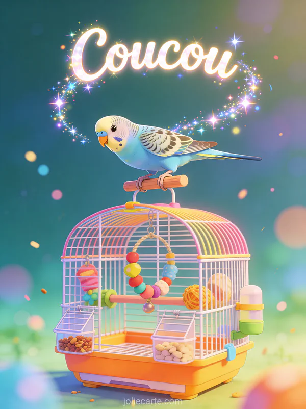 Petite perruche colorée sautillant sur un perchoir dans une cage joyeuse avec le texte Coucou