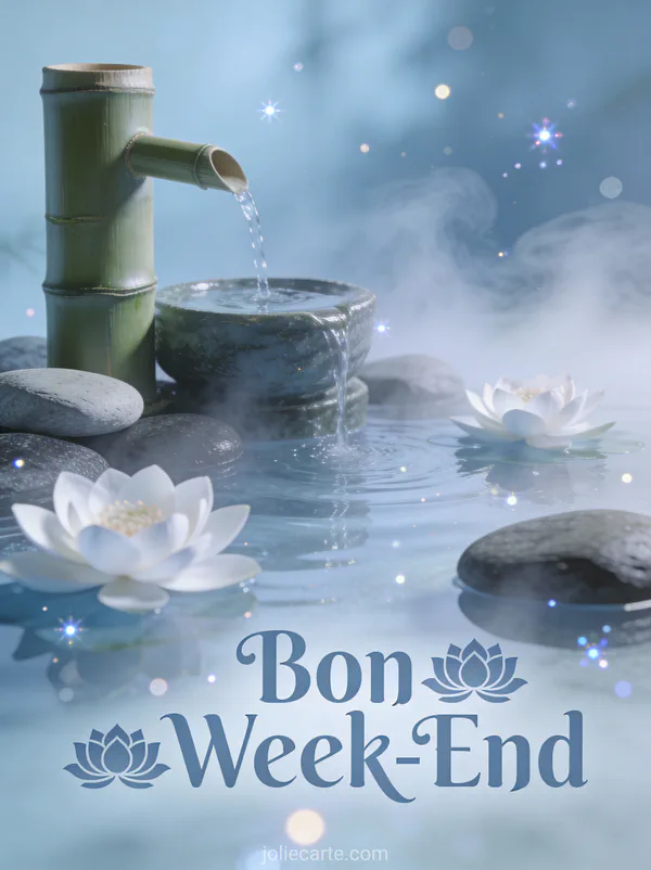 Image Bon Week-End Zen avec texte bleu-gris serein fontaine bambou lotus flottants galets lisses et brume apaisante