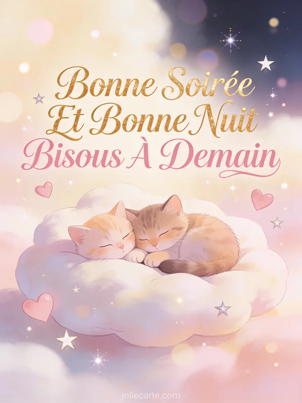 Deux chatons câlins endormis sur un coussin nuage avec des coeurs et étoiles flottants texte Bonne Soirée Et Bonne Nuit Bisous À Demain